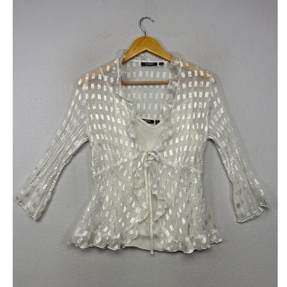 Elementz Y2K Metallic Ruffle Sheer Blouse Womens Small White Silver Tie Front
